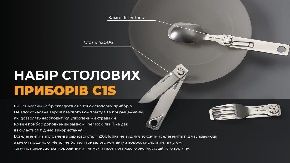 Набір столових приборів Roxon C1S 3 in1 (ложка, виделка, ніж), нержавіюча сталь